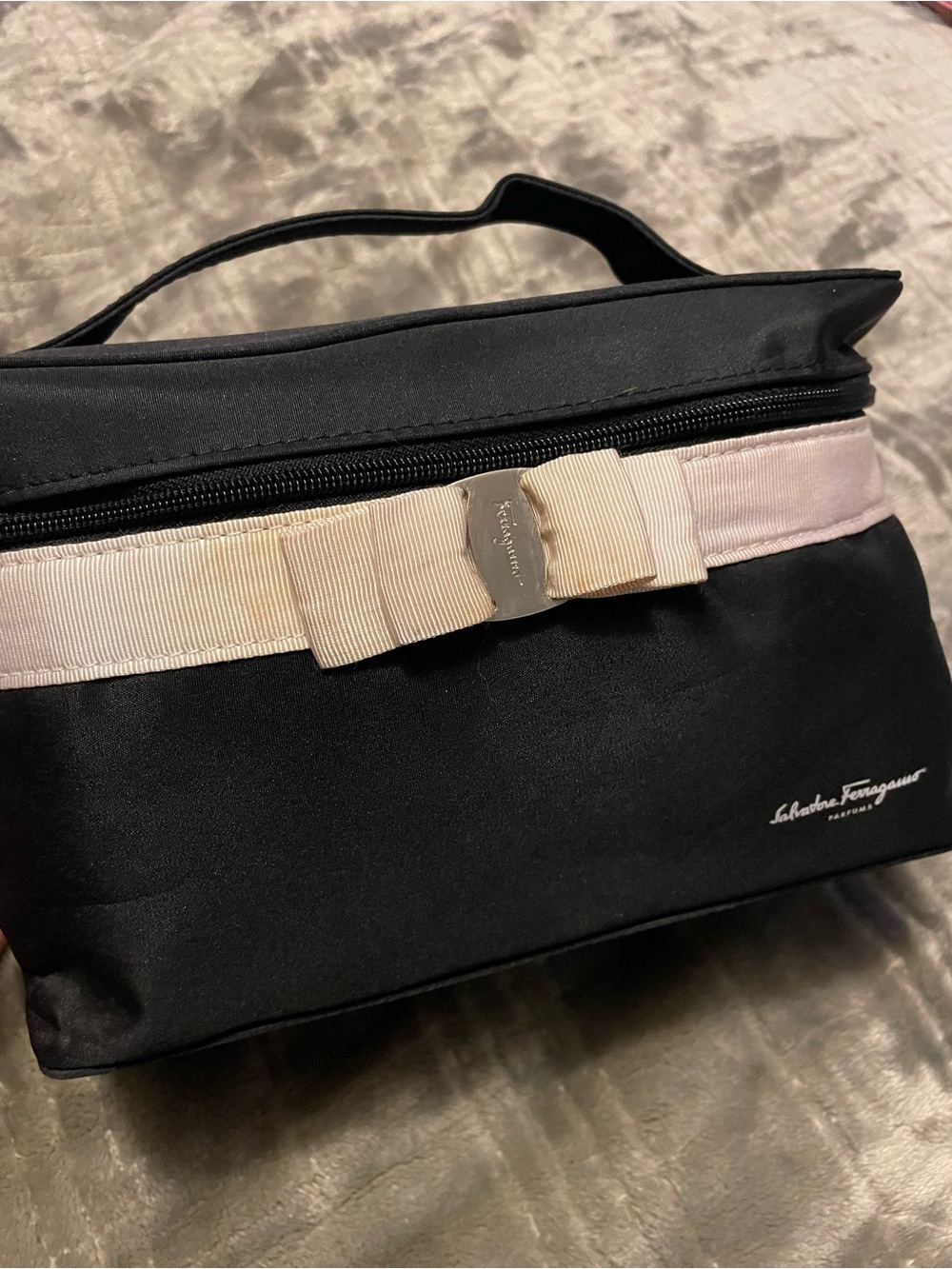 Salvatore Ferragamo Black Cosmetic Bag with Cream Bow Trim